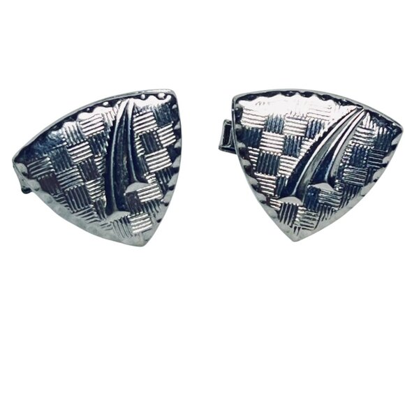 Vintage Textured Triangle Silver Tone Cufflinks And Tie Tack Set (6059) - Picture 2 of 4